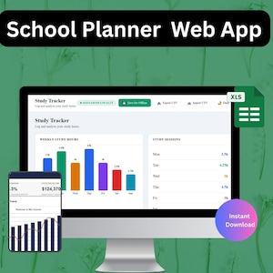 Könnte beinhalten: Ein Computermonitor und ein Smartphone mit der Benutzeroberfläche einer School Planner Web App. Der Bildschirm zeigt einen Studien-Tracker mit einem wöchentlichen Balkendiagramm, einer Liste von Lernsitzungen und einem Finanztrend-Diagramm mit dem Text Instant Download.
