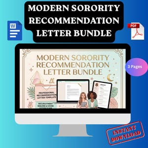 May include: A computer monitor displays a "Modern Sorority Recommendation Letter Bundle" graphic. The image includes a Word document icon, a PDF icon, and the words "Instant Download" in a red banner. The screen shows a professional recommendation letter template and a resume.