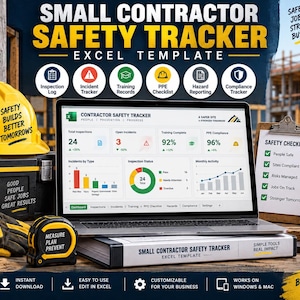 Puede incluir: Un portátil que muestra un panel de control de plantilla de Excel Small Contractor Safety Tracker, rodeado por un casco amarillo, caja de herramientas negra, guantes, cinta métrica, lista de seguridad y un cono de tráfico naranja.