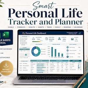 May include: A digital Smart Personal Life Tracker and Planner displayed on a laptop screen, featuring a dashboard for goals, finances, health, habits, tasks, family, reading, and calendar. The interface includes charts, progress bars, and lists.