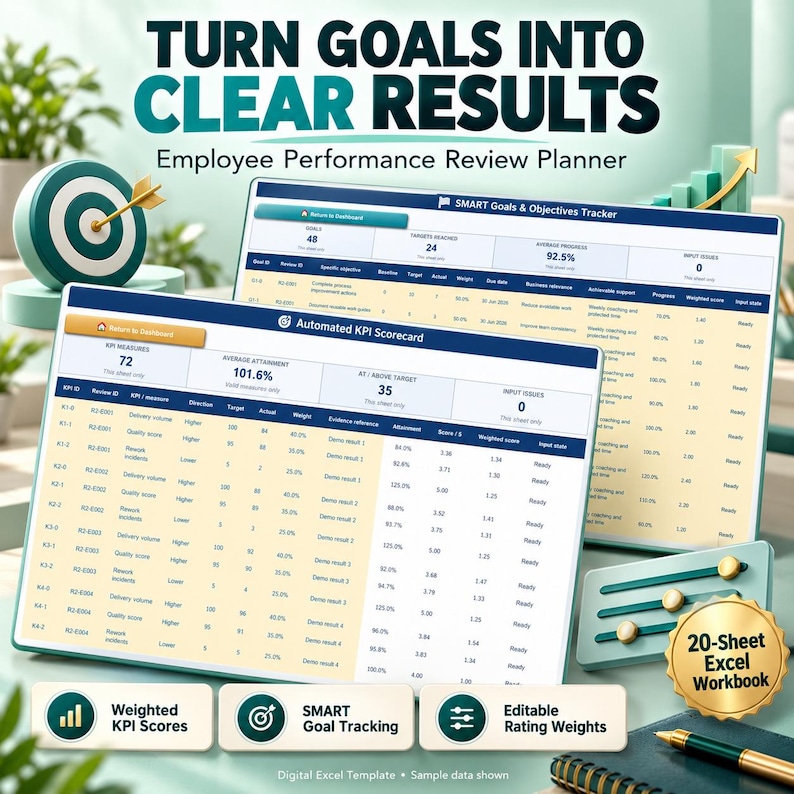 Employee Performance Review Command Center | KPI Scorecard, Goals, 360 ...