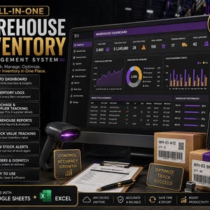 May include: An all-in-one warehouse inventory management system software interface displayed on a computer monitor and smartphone, featuring a barcode scanner, cardboard shipping boxes with labels, a clipboard, and a pen.