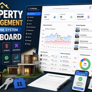 Peut inclure: Un tableau de bord numérique de gestion immobilière sur écran affichant des graphiques de revenus, des demandes de maintenance et le statut des unités. Inclut une maquette de maison, un bail, un smartphone avec paiement et un calendrier au 25 mai.