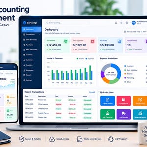 Puede incluir: Una interfaz de software de contabilidad y gestión empresarial en una computadora portátil, un teléfono inteligente y una tableta. El panel muestra datos financieros, gráficos y listas de transacciones. Texto: Business Accounting & Management.