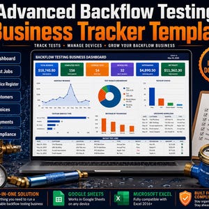 Può includere: Un modello di tracciamento aziendale per test di riflusso visualizzato su uno schermo di un portatile, con dashboard, grafici, dati sui ricavi ed elenchi di attività, circondato da attrezzature idrauliche, una lista di controllo e icone software.
