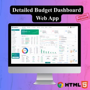 Peut inclure: Un écran d'ordinateur affichant une application web de tableau de bord budgétaire détaillée nommée BudgetFlow. L'écran présente des données financières, notamment le solde total, les revenus, les dépenses, l'épargne et des graphiques.