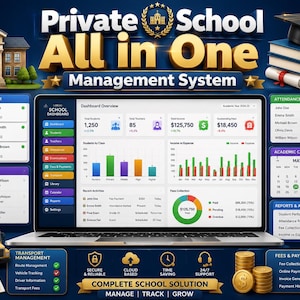 Puede incluir: Un ordenador portátil que muestra un panel de control de sistema de gestión escolar todo en uno con listas de estudiantes, calendario académico y gráficos financieros. La interfaz incluye módulos para gestión de transporte, tarifas y pagos con monedas de oro y una tarjeta.