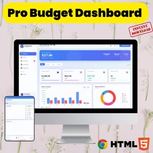 Puede incluir: Un monitor de ordenador y un smartphone muestran una interfaz de "Pro Budget Dashboard". El panel muestra datos financieros con gráficos. La imagen incluye el texto "Instant Download" y los logotipos HTML5.