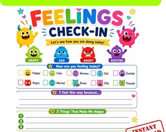 Scheda di verifica delle emozioni, Apprendimento socio-emotivo (SEL), Autoregolazione stampabile, Strumento di terapia per consulenti scolastici, Emozioni dei bambini