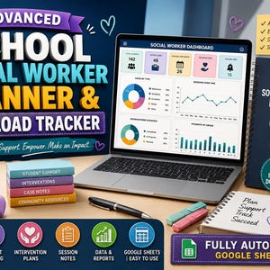 Peut inclure: Un planificateur numérique pour travailleur social scolaire et un suivi de cas affichés sur un écran d'ordinateur portable, accompagnés d'un agenda à spirales, d'une tasse avec texte, de blocs étiquetés, d'un stylo et d'un carnet.