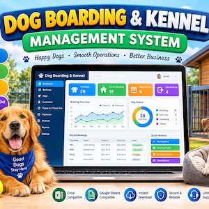 May include: A digital dog boarding and kennel management system displayed on a laptop screen, featuring a dashboard with booking, pet profile, and payment modules. The interface includes charts, dog status metrics, and a list of recent bookings.