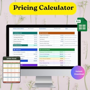 May include: A computer screen displays a pricing calculator spreadsheet with data fields for materials, labor, and calculated prices. The text "Pricing Calculator" is at the top. An expense tracker is on a phone to the left. An Excel file icon and "Instant Download" text are on the right.