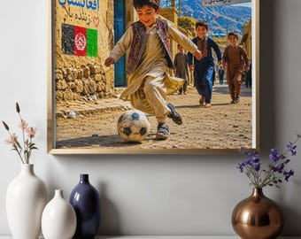 Afghan Boy Playing Soccer Printable Wall Art | Traditional Street Photography Style | Kids Football Digital Download | Cultural Home Decor