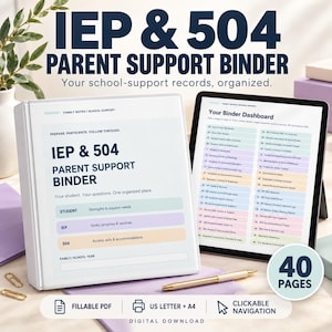 Puede incluir: Una carpeta de apoyo para padres IEP & 504 en descarga digital con una cubierta blanca y una tableta que muestra un panel de 40 páginas. La carpeta incluye secciones para las fortalezas del estudiante, metas IEP y adaptaciones 504 en PDF.