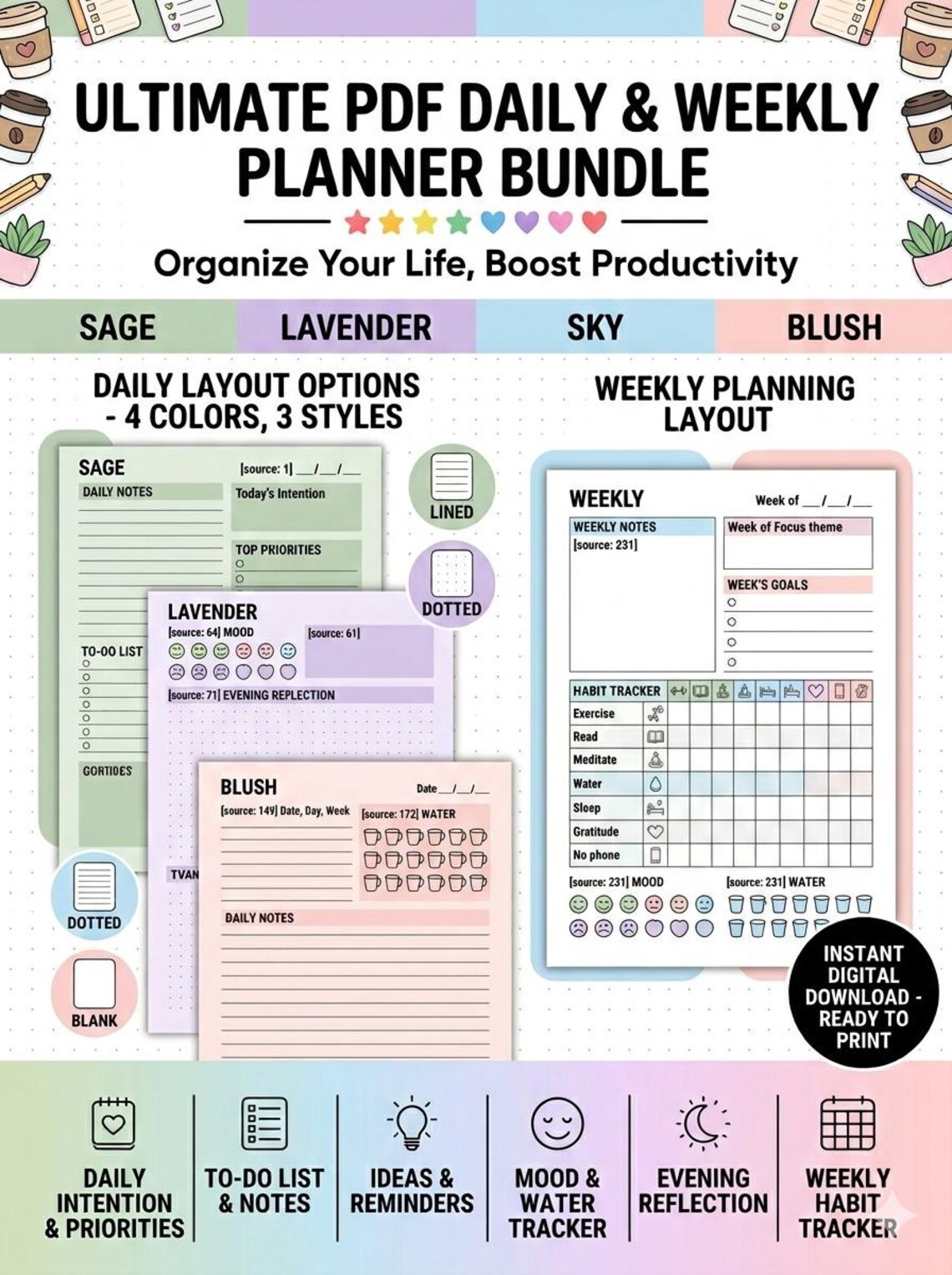 Daly Notes.pdf Minimalist Daily Planner Printable, Productivity Work Day Organizer ...