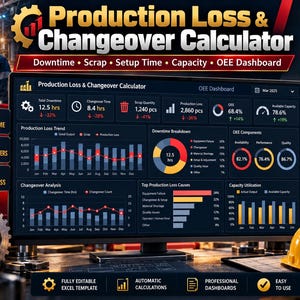 Può includere: Una dashboard digitale intitolata Production Loss & Changeover Calculator visualizzata su un monitor, che mostra metriche OEE, tendenze di perdita di produzione, ripartizioni dei tempi di inattività e grafici di capacità, con un'icona Excel.