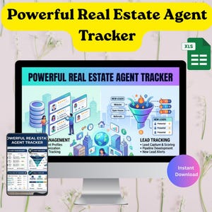 May include: A computer monitor displays a "Powerful Real Estate Agent Tracker" graphic. The screen shows lead tracking and client management diagrams. An accompanying phone shows the tracker's interface. The image includes the text "Instant Download."