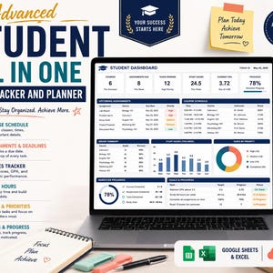 May include: A digital student planner displayed on a laptop screen, featuring a dashboard with course schedules, assignment trackers, grade summaries, and study hour logs. The interface includes charts and progress bars for academic organization.