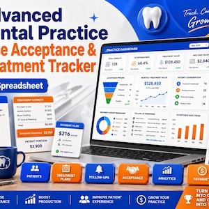 Può includere: Un foglio di calcolo digitale per la gestione dello studio dentistico visualizzato su uno schermo di un portatile, con una dashboard che include profili dei pazienti, preventivi, piani di pagamento e liste di controllo.