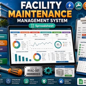 May include: A digital facility maintenance management system dashboard displayed on a laptop screen, featuring charts, work order status, and maintenance costs. Includes a clipboard with a work order, a calendar, a wrench, and an asset tag labeled HVAC-001.