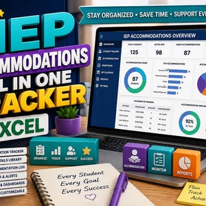 Könnte beinhalten: Ein digitaler IEP-Unterkunftstracker für Excel auf einem Laptop-Bildschirm mit Daten-Dashboards, Diagrammen und Schülermetriken. Das Bild enthält bunte 3D-Blöcke mit den Aufschriften Organize, Track, Support, Succeed, Accommodations, Monitor und Reports.