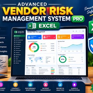 Op de afbeelding: Een laptop toont een Advanced Vendor Risk Management System Pro dashboard in Excel. Het scherm toont datagrafieken, risicoscores en compliance-status. Naast de laptop staan een witte mok met tekst, een notitieboek en een stapel houten blokken.