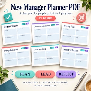 May include: A 22-page New Manager Planner PDF digital download featuring six templates titled My first 90 days, One-to-one conversation, Weekly focus, Delegation brief, Team meeting, and Weekly reflection with Plan, Lead, and Reflect buttons.