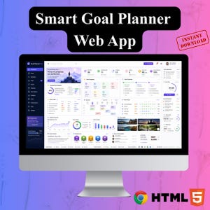 May include: A computer monitor displaying the Smart Goal Planner Web App interface. The screen shows a dashboard with various widgets, including goal categories, task lists, analytics charts, a habit tracker, and a vision board. The text reads Smart Goal Planner Web App.