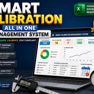 May include: A digital smart calibration management system displayed on a laptop screen, featuring data charts, equipment tracking, and scheduling. Includes a digital caliper showing 20.25 mm, a pressure gauge, a multimeter, and a 500g weight.