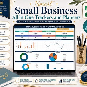 May include: A digital small business command centre displayed on a laptop screen, featuring automated trackers, financial dashboards, and inventory planners. The interface includes charts, revenue breakdowns, and expense analysis for business management.