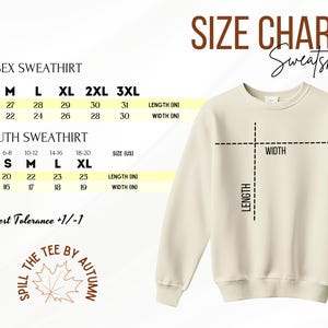 The image is a size chart for a sweatshirt, with measurements and corresponding sizes for different age groups and chest sizes.