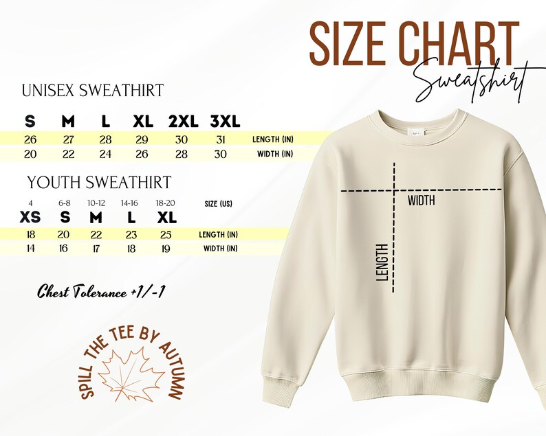 The image is a size chart for a sweatshirt, with measurements and corresponding sizes for different age groups and chest sizes.