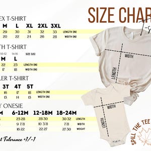 The image is a size chart for children's clothing, including a unisex t-shirt and a toddler t-shirt. The chart provides measurements for different age groups, such as youth, toddler, and baby onesies.