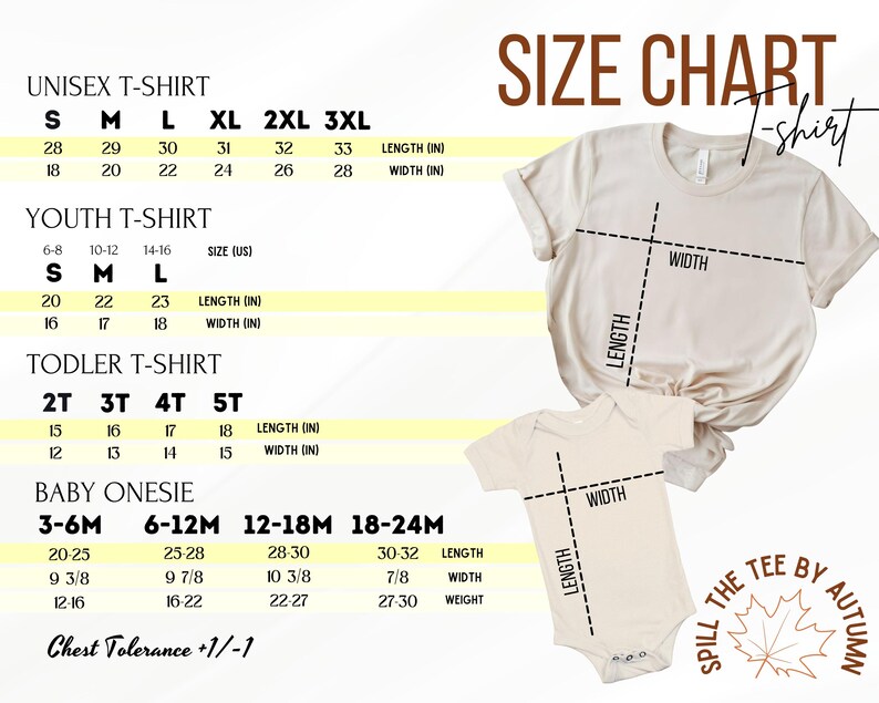 The image is a size chart for children's clothing, including a unisex t-shirt and a toddler t-shirt. The chart provides measurements for different age groups, such as youth, toddler, and baby onesies.
