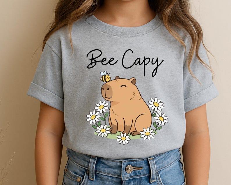 A person wearing a gray t-shirt with a cartoon image of a capybara surrounded by flowers and a bee.