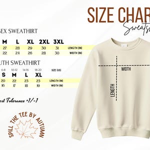 The image is a size chart for a sweatshirt, with measurements and corresponding sizes for different age groups and chest sizes.