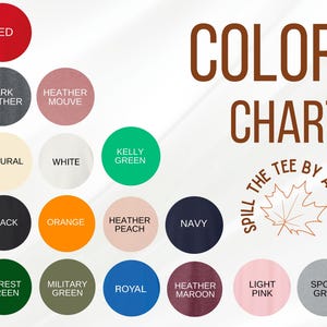 The image is a color chart that displays various colors, including red, dark heather, white, green, pink, navy, orange, black, peach, navy, orange, forest green, military green, royal, light pink, and sport grey.