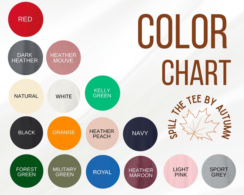 The image is a color chart that displays various colors, including red, dark heather, white, green, pink, navy, orange, black, peach, navy, orange, forest green, military green, royal, light pink, and sport grey.