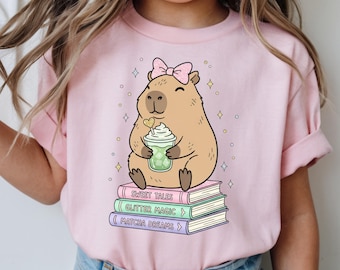 Sweet Tales Capybara Cartoon Tee, Glitter Magic Matcha Dreams Kids Shirt, Cute Bow Reading Toddler Gift, Book Lover Girl Sweatshirt