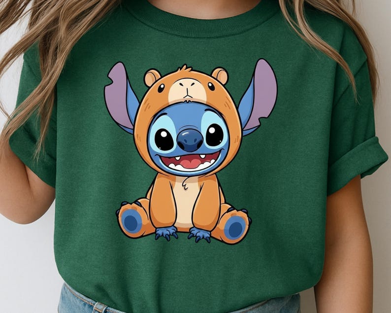 A green t-shirt with a cartoon character wearing a bear costume.