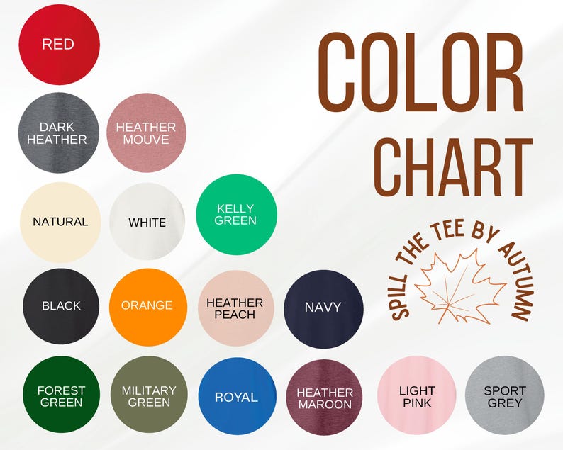 The image is a color chart that displays various colors, including red, dark heather, white, green, pink, navy, orange, black, peach, navy, orange, forest green, military green, royal, light pink, and sport grey.