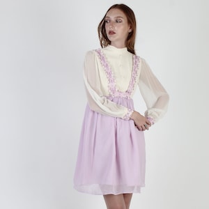 White Chiffon Dress / Mod Tuxedo Mini / See Through Sheer Sleeves / 60s Lace Bridal Gown