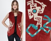 Vintage Southwestern Embroidered Vest Native American Vest Red Velvet Kokopelli Kachina Doll Vest Mens Womens Unisex Western Wear