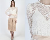 Vintage 80s Scallop Floral Lace Wedding Dress Sheer See Through Dress Victorian Style Deco 1980s Ivory Nude Lace Party Midi Mini Dress