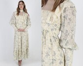 Gunne Sax Zipper Sleeve Maxi Dress Calico Floral Boho Wedding Dress Vintage 70s Tiered Cream Renaissance Dress Womens 1970s Bridal