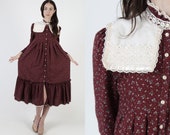 Burgundy Calico Gunne Sax Dress 70s Country Folk Style Ivory Pilgrim Collar Prairie Dress Vintage 70s Lace Trim Peasant Midi Size 7