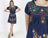 Navy Blue Cotton Mexican Dress 70s Hand Embroidered Dress Boho Festival Dress Vintage Floral Fiesta Party Puff Sleeve Shift Mini Dress