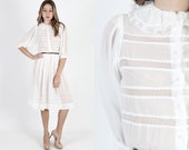 White Edwardian Dress Sheer Lace Dress See Through Dress Solid Wedding Dress Vintage 80s Lawn Tea Party Womens Tiny Collar Midi Mini Dress