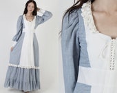 Vintage 70s Blue Gingham Dress Gunne Sax Crochet Checker Dress 1970s Renaissance Fair Dress White Plaid Peasant Folk Dirndl Maxi Dress