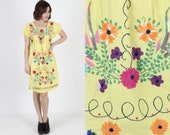 Yellow Mexican Dress Womens Mexican Wedding Dress Fiesta Dress Vintage 70s Ethnic Dress Bright Floral Embroidered Boho Festival Mini Dress